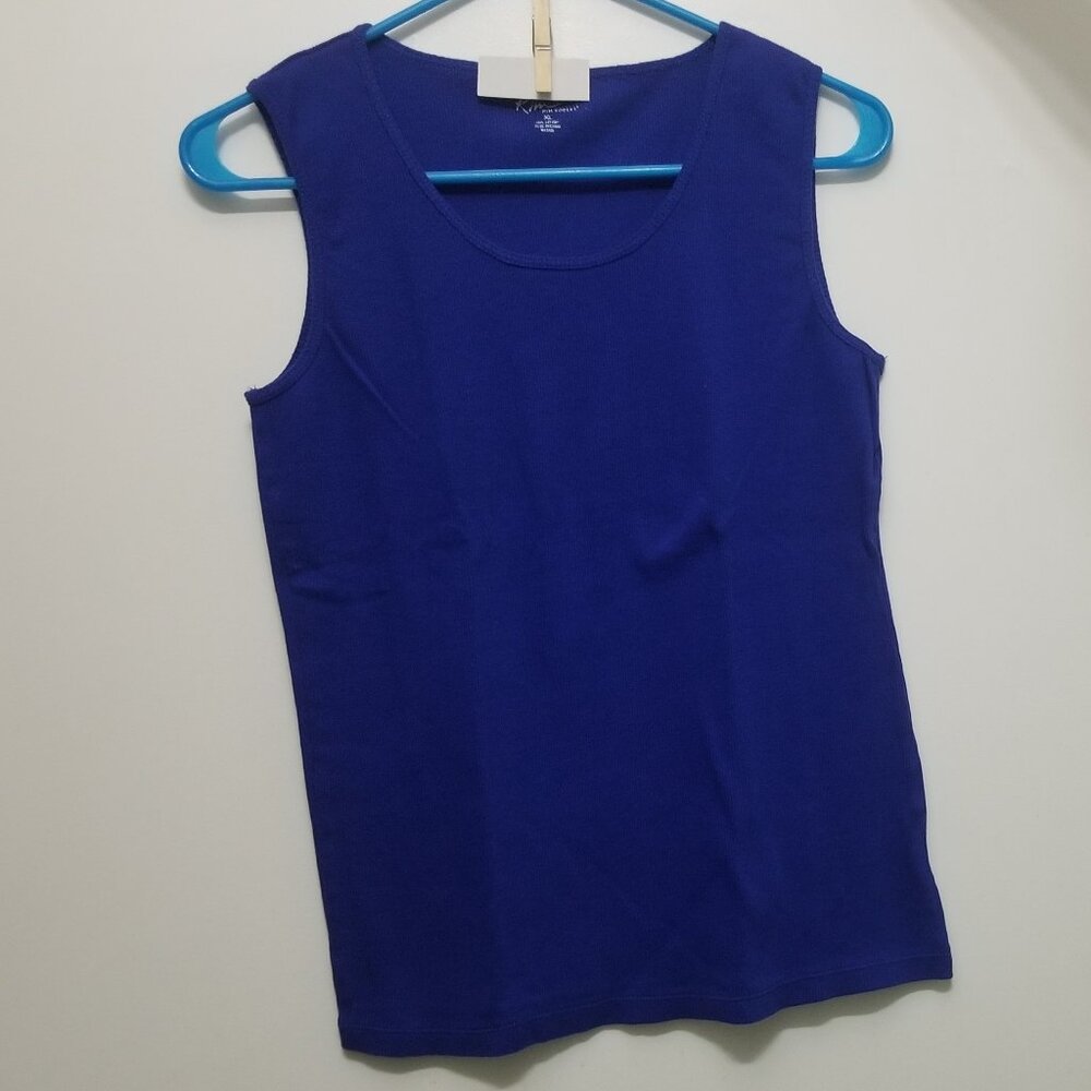 two bright blue cotton Kim Rogers XL tank tops, with name written on